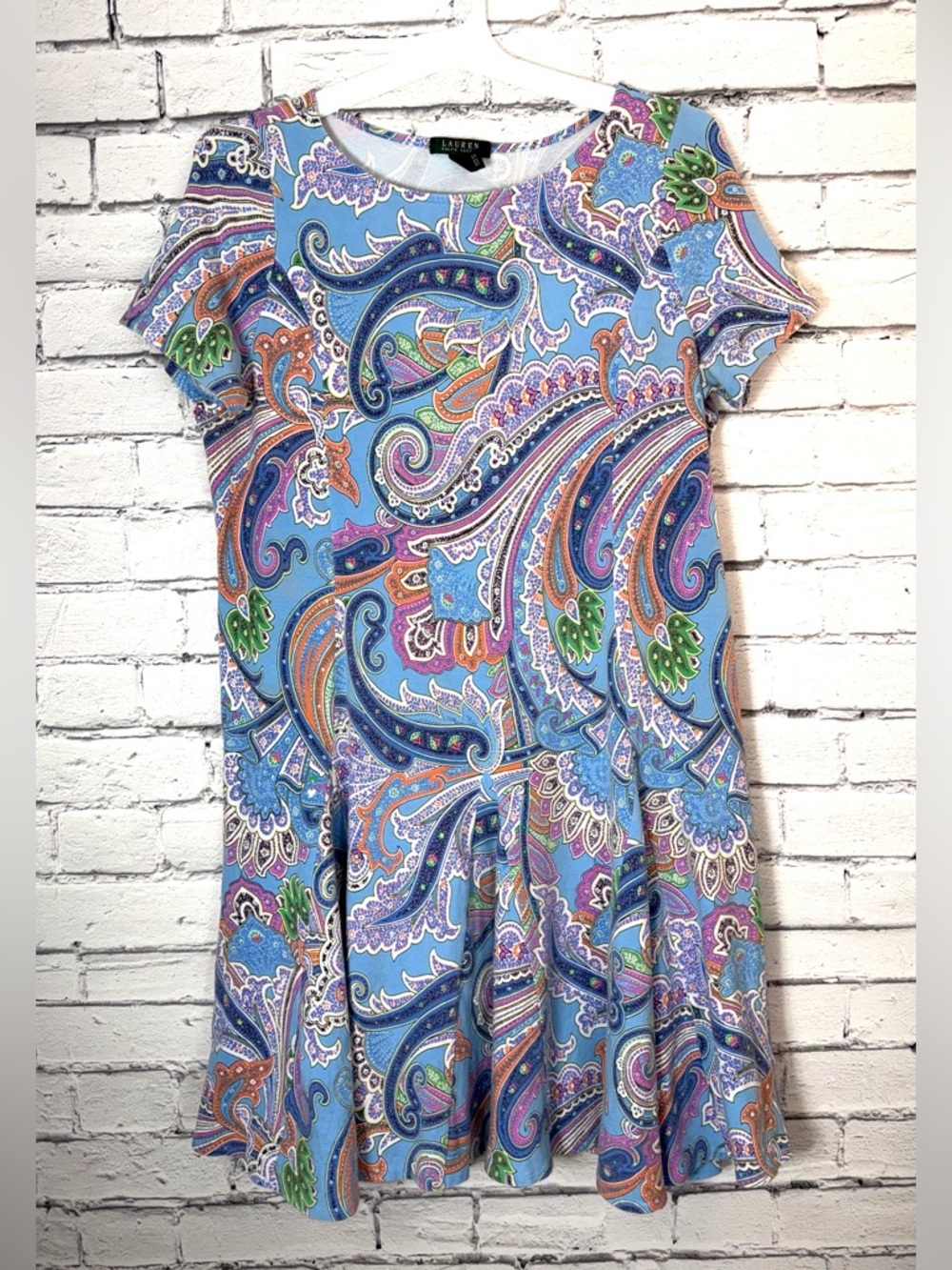 Women's LAUREN Ralph Lauren Fit & Flare Paisley Blue Pink Midi Dress size 2X